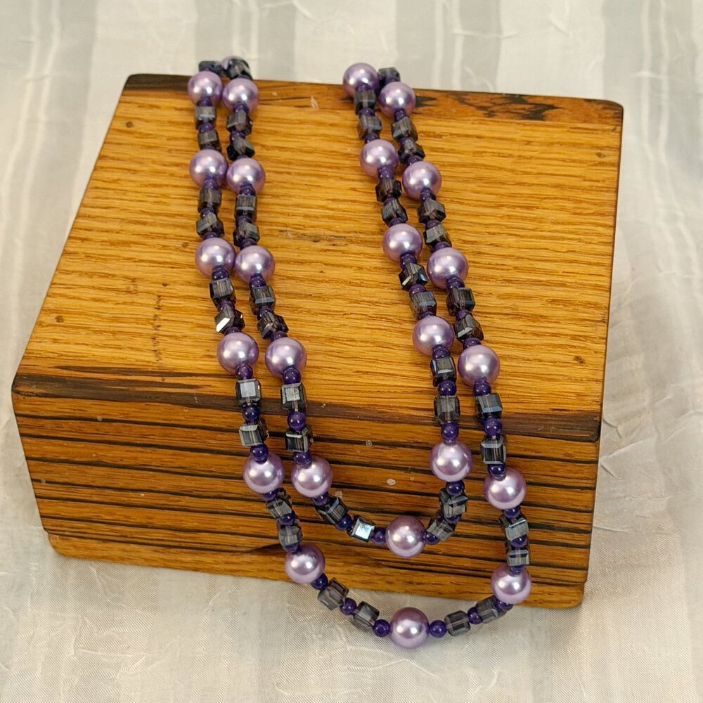 Multi-Strand Statement Necklace Purple Pearl & Glass Bead 20"